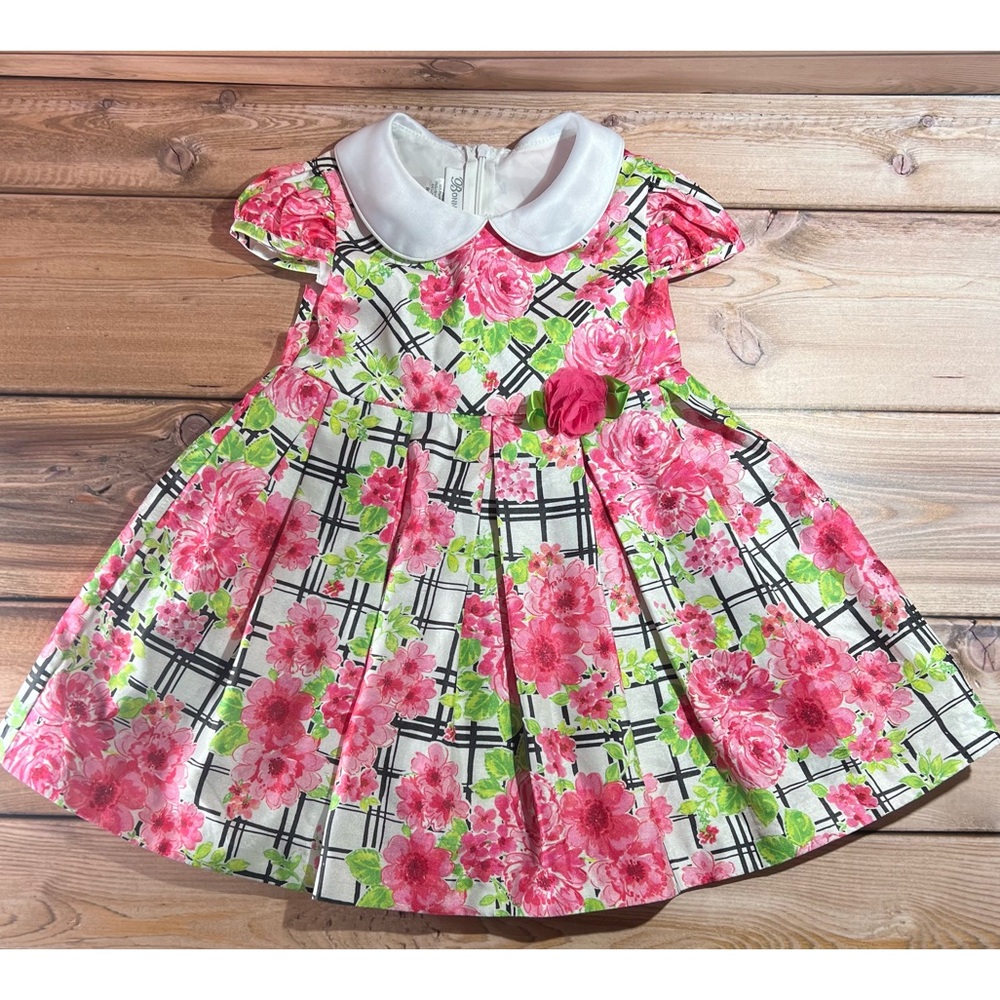 Bonnie Jean White Dress with Pink Floral Print and Green Accents